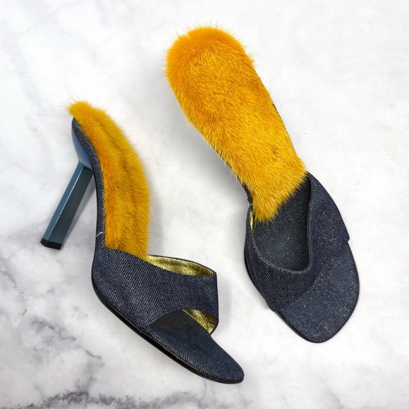 Giuseppe Zanotti Vicini Vintage Rare Mink Fur Glitter Denim Mule Slide Heels 39 - Picture 3 of 12